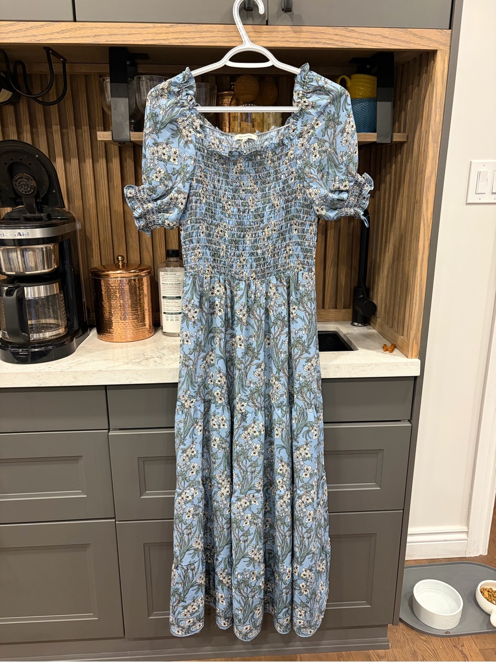 Max Studio Light Blue Floral Smocked Maxi Dress with Puff Sleeves